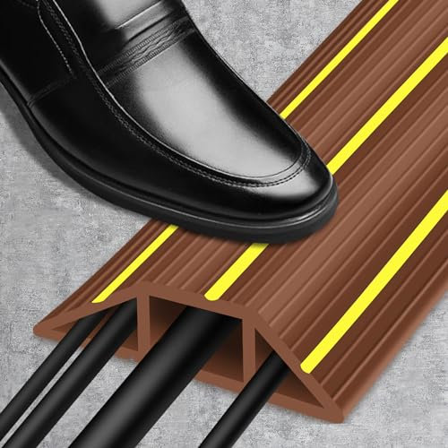 Cable Cover Floor Cable Protector Outdoor 2m Cable Tidy Floor Wire Covers Heavy Duty PVC Cable Mat Anti Trip with 3 Large Cord Channel, Brown & Yellow