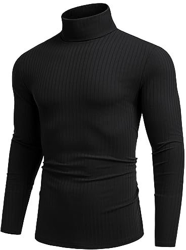 COOFANDY T-Shirt à Manches Longues Homme Pull à Col Roulé Sweater en Tricot de Base Noir L