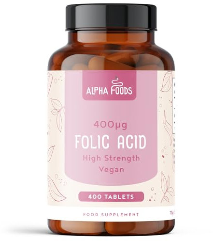 Acide folique 400 mcg | 400 comprimés de vitamine B9 végétalienne | Soins de grossesse | Réduit la Fatigue | Complément pour femme enceinte, soutient la croissance des tissus maternels | Alpha Foods