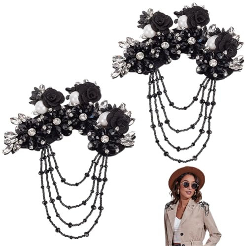 FINGERINSPIRE 2 Stück Schwarze Kristallfransen Schulter Epaulette Strass Applikationen 175x140x18mm Blumenstoff Bunte Strass Applikation Kristallfransen Perlen Pailletten Patches Accessoire