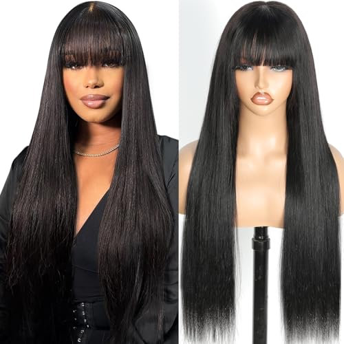 Junemet 20 Pouces Perruque Femme Naturelle Straight Glueless 2x4 Lace Wig With Bangs Perruque Sans Colle Frange Cheveux Humain Femme Brésilien Couleur Naturelle