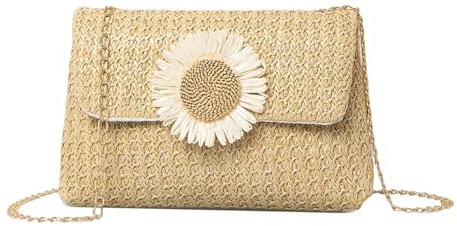 HuiYStar Sac à Bandoulière en Paille pour Femmes Sacs à Bandoulière en Rotin Faits à la Main Plage Pochette en Paille avec Fleurs pour les Vacances d'Été, beige