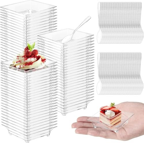 KAHEIGN 100 Piezas Platos de Plástico para Aperitivos con Cucharas, 6CM Plato Cuadrado para Degustación de Postres Tazones Transparentes para Aperitivos Tipo Parfait Platos Reutilizables para Servir