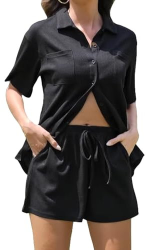 LACOZY Summer Pyjamas for Women V Neck 2 Piece Floral Sleepwear Casual Soft Pyjama Sleep Set with Pocket Drawstring Black M