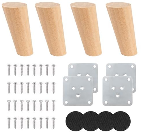 Kozdtiz Möbelfüße Holz, 4 Stück Möbelfüße Holz Eiche, 8 cm Mit montageplatten und Schrauben, Massivholz Holzbeine für Möbel für Sofa, Kommode, Schrank, Couchtisch Schräger Fuß