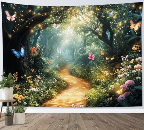 LB Tapisserie Murale Forêt enchantée Tapisserie Fleur papillon arbre plantes vertes Couverture Murales Conte fées Jardin Nature Tapisseries Decoration pour Maison Salon Chambre Dortoir,235x180cm