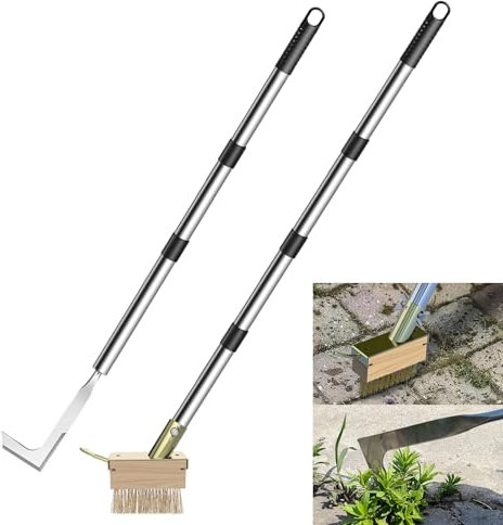 Crack Weeder Tool Set with 2 Weed Brush Heads,Manual Stainless Steel Crevice Weeding Tool with Adjustable Handle for Weed Removal in Driveways, Pavers, Garden Cracks, Patios, Decks