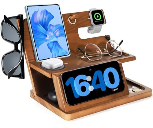 Gifts for Men 3-in-1 Charging Stand iPhone 16 Wireless Charger Station, Nightstand Organizer Wood, Fathers Day Perfect for Dad Husband Boyfriend Son, for iPhone 16/15/14/13/12 Max Plus AirPods, Watch
