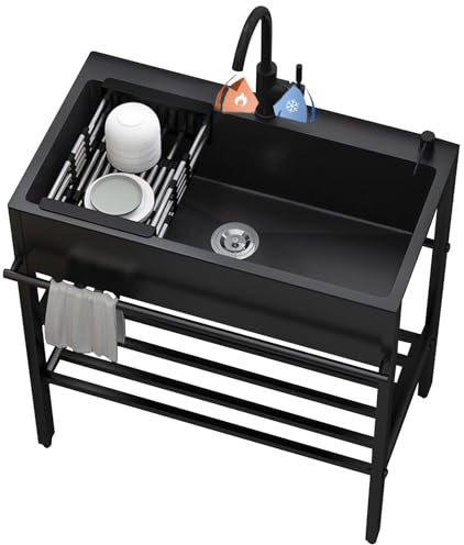 Fregadero de acero inoxidable Fregadero de exterior de acero inoxidable negro, fregadero de cocina independiente con grifo de agua fría y caliente, mueble de lavadero para lavar a mano, para