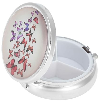 CAPASTEC Pillendose 3 Fächer Tragbar 1 Stück Für Tasche | Bunter Schmetterling, Metall, Kunststoff, 1,8X5 Cm, Silberton, Für Reisen, Arbeit, Camping, Mit Spiegel, Organizer