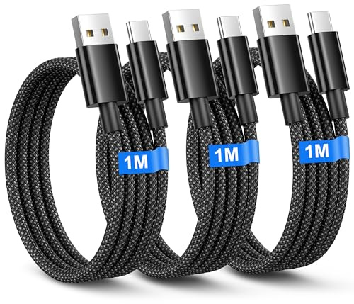 Cable USB C [1M/Lot de 3], Câble USB vers USB C Charge Rapide pour Samsung S25/S24/S23/S22/S21/A35/A34 A56/55, iPhone 16/15 Plus Pro Max, Pixel 8 7 6, Nylon Cable usbc vers USB A Cables usbc Court
