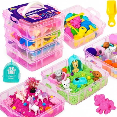 AGENTLAN Stackable Sensory Bin, Unicorn & Pet Sensory Sand Play Set | Unicorn and pet sand box with play sand, sensory Toys for toddlers boys and girls, gift for girls ages 3-8