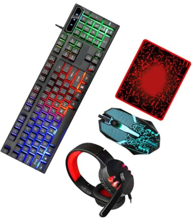 FIXOSHEE Ergonomic Wired Gaming Keyboard Mouse Headset and Mousepad Combo USB Backlit Colorful Computer Accessories for Office and Game Enthusiasts