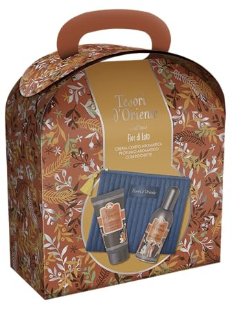 Tesori d'Oriente, Fior di Loto Set Regalo da Viaggio, Include Profumo Aromatico 100 ml, Crema Corpo Idratante 75 ml, e Pochette Elegante, Fragranze con Note Calde e Avvolgenti che Durano a Lungo