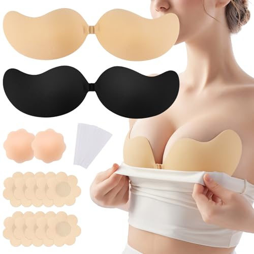 Lot de 2 Soutien-gorge Adhésif Invisible et Push Up Sans Bretelles, Soutien-gorge Dos Nu Auto-Adhésif pour Femme avec 6 Paires de Cache-tétons et 10 Bandes Corporelles pour Robe de Mariée, Soirée