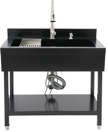 Gdetnysty Fregadero independiente de acero inoxidable con grifo extensible para hogar, garaje, jardín, alta resistencia, con escurridor, dispensador de jabón y esquina redonda, fácil montaje (negro