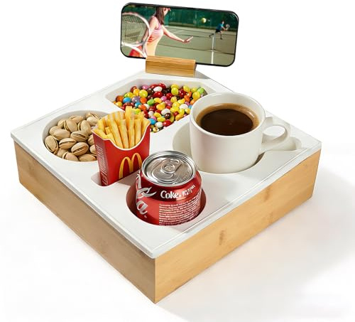 VINATO Vassoio Organizzatore per Divano in bambù e Silicone, con Supporto per Telefono Girevole 360° e Portabicchieri, Organizer per Divano, Bar Cinematografico