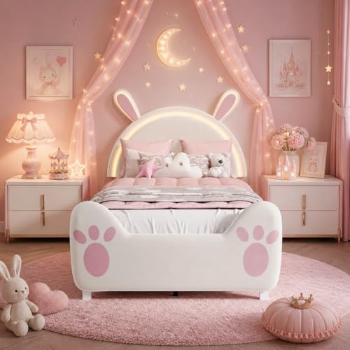 Zorvani Kinderbett 90x200 cm Polsterbett Mädchen, Prinzessin Bett mit Hasenohren-Kopfteil & LED-Beleuchtung, Einzelbett aus Samtstoff, Bettgestell mit Lattenrost & Stauraum