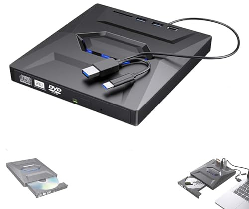 Retro Laptop CD DVD Player USB C 3.0 Portable CD Burner,Multifunctional External Optical Drive DVD Burner, Ultra Slim Plug-and-Play with U Disk & Card Expansion (Read-Only)