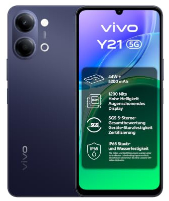 vivo Y21 5G Smartphone | 4GB+256GB | 6,74 120Hz Display | 50MP Kamera | 1.200 Nits | 5.200 mAh Akku | 44W FlashCharge | IP65 | microSD bis 2TB | Dimensity 6300 | 5 Jahre Akkuleistung
