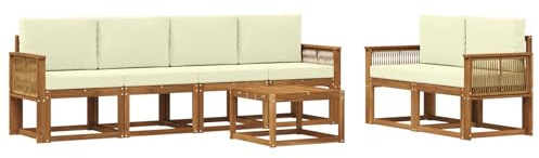 vidaXL Outdoor-Sofagarnitur mit Kissen 7 pcs Natur und Creme Polyester, Moderne Outdoor-Sofagarnitur, robuste Eckcouch, stylisches Gartenmöbel, Akazienholz, Bequeme Sitzplätze