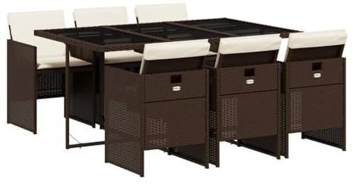 Mhdvray Ensemble de Salle à Manger de Jardin 7 Pièces en Résine Tressée Marron, Table avec Plateau en Verre Trempé et 6 Chaises avec Coussins, Mobilier pour Terrasse et Arrière-Cour