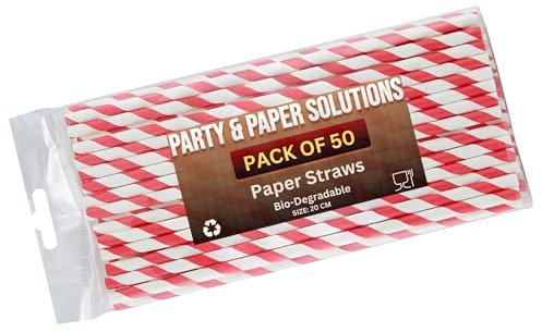 Lot de 50 pailles en papier biodégradables à rayures rouges et blanches 20 cm environ