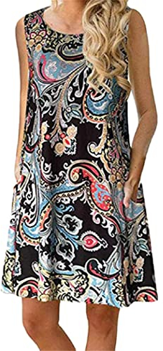 OMZIN Damen Kleid Gedruckt A-Linie Atmungsaktiv mit Tasche Vest Kleid Shirtkleid Tunika Spitz Rundhals Schwarzer Spray XL