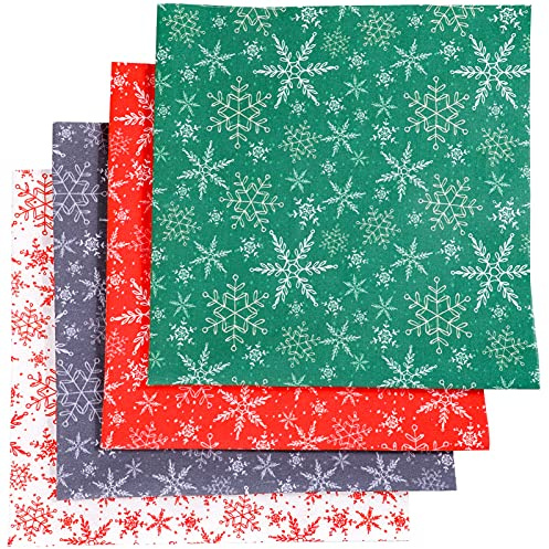 Qpout 4 Pieces Christmas Fabrics(50x50 cm), Four-Colour Christmas Fat Quarters Fabric Bundles Patchwork Cotton, Snowflake Design Christmas Material Fabric Panels for DIY Sewing Quilting