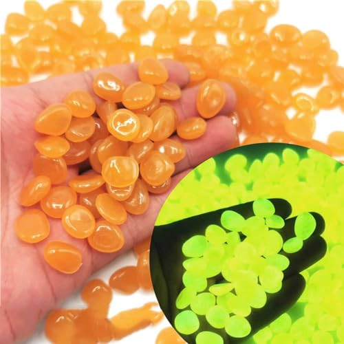 300 Stück Bunt Leuchtsteine Kieselsteine Aquarium Deko Leuchtende Steine Leuchtkiesel Floureszierende Pebble Steine für Terrarium Garten Gehwege Terrasse Rasen Kinderzimmer Dekor Pflanzen,Orange Gelb
