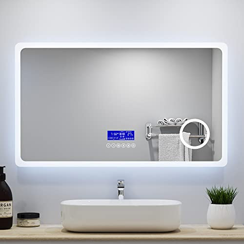 1000x600mm Bathroom Bluetooth Mirrors with LED Lights Clock Display Anti Fog 3x Magnifying Illuminated Dimmable Wall Mounted Smart Mirror