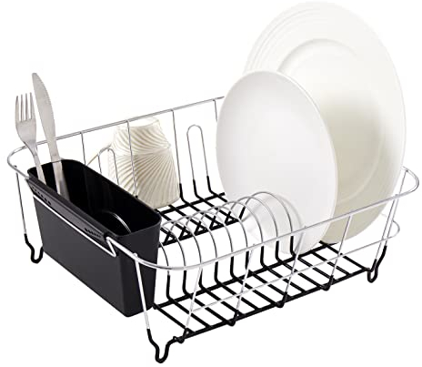 Sweet Home Collection - Juego de escurridor de Platos de 2 Piezas con Soporte para Utensilios, Simple, fácil de Usar, Cabe en la mayoría de fregaderos, 37 x 33 x 13 cm, Color Negro