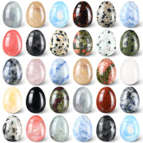 Nuenen 30 piedras de preocupación de cristal de roca de huevo, piedras de huevo pulidas, piedras de huevo de roca mineral de bolsillo, cristal de chakra de palma para alivio de la ansiedad,