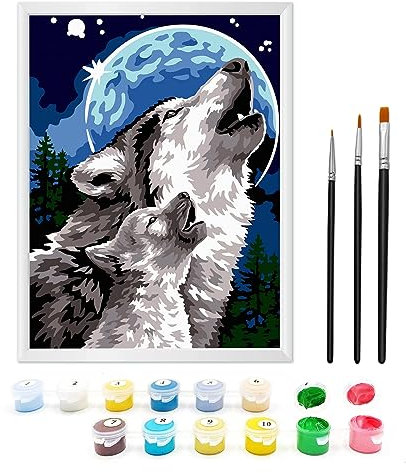 Zimrobin Peinture par numéros pour enfants de 6 à 12 ans avec carton pré-imprimé, 12 pots de peinture acrylique vibrants, un cadre et 3 pinceaux (le loup et la lune)