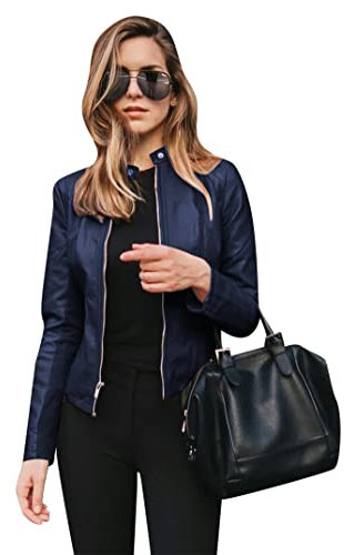 EFOFEI Giacca Da Moto Elegante Da Donna Con Tasche Con Cerniera Giacca In Pelle Pu Cappotto Corto In Pu Classico Blu Scuro S