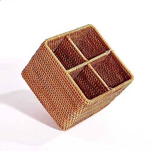 HHF Körbe Behälter Herbst-Rattan-reiner handgewebter Korb, Schreibtisch-Aufbewahrungsbox mit vier Zellen, runder quadratischer tragbarer Couchtisch-Fernbedienungs-Aufbewahrungsbox Kleidung Lagerung (