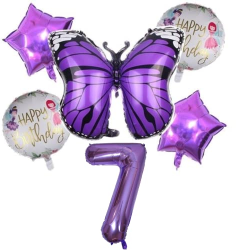 DIWULI Schmetterling Zahl 7 Luftballons - Deko Lila Set