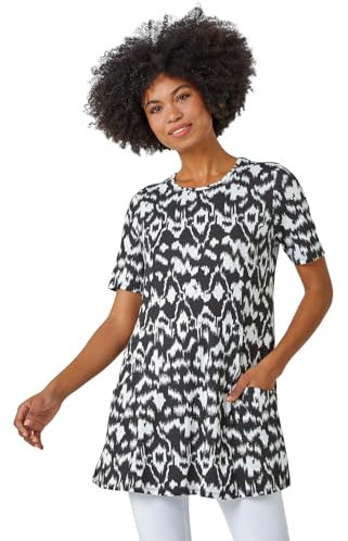 Roman Originals Swing Top with Pockets for Women UK Ladies Hanky Hem Asymmetric Tunic Blouse Longline Long Stretch Jersey Casual Round NeckTee Shirt T-Shirt - Charcoal Ivory - Size 20