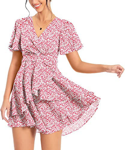 DEARCASE Donna Abito Elegante da Donna retrò A Tinta Unita Floreale Maniche Corte Casuale Estate Cocktail Evening Party Abiti da Sera con Cinturini in Vita, Floral Rosa 2XL