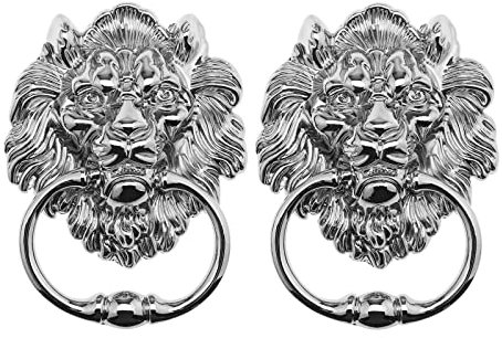 Türklingel aus Gusseisen Löwenkopftür, Haustürlegierung, Dekoration, poliert, poliertes Chrom, klassisches antikes Design, for Entce-Türen, Hauptveranda-Zubehör – 2 Stück Outdoor-Dekorationsklopfer