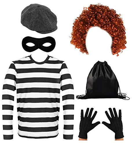 YEAJION Dieb Cosplay Kostüm für Erwachsene Schwarz und Weiß Gestreift T-Shirt, Kappe, Augenmaske, Räuber Verbrecher Ganove Cosplay Uniform Halloween Karneval Mottoparty Verkleiden Unisex