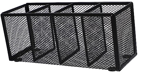 Ciieeo Wrought Iron Four Grid Pen Holder Office Storage Box Metal Wire Pencil Holder Mesh Compartment 4 Compartment Cage for Makeup Brushes and Stationery