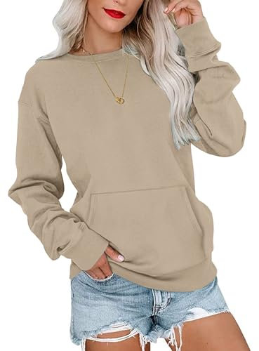WNEEDU Sweatshirt Damen Rundhalsausschnitt Langarmshirts Herbstoutfits Lässig Bluse Damen mit Känguru Tasche Beige 2XL
