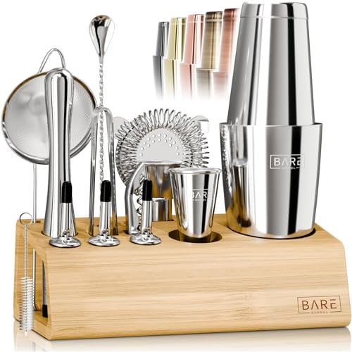 BARE BARREL® Mixology Kit de bar pour barman | Ensemble shaker à cocktail 14 pièces | Outils de mélange pour barman à domicile | Comprend 35 cartes de recettes | Coffret cadeau (shaker Boston de 800
