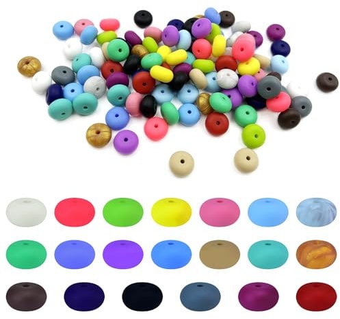 100Pcs 14mm Silicone Abacus Beads Flat Round Shaped Lentil Beads Chunky Beads Mix Color Saucer Beads Silicone Spacer Beads for Keychain Making Bracelet Necklace Jewelry Making Accessory
