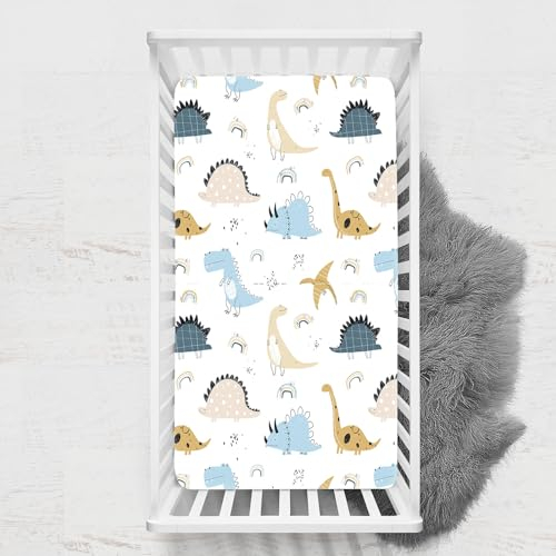 Odot Drap Housse pour Lit de Bébé, Impression de Dinosaure Draps Housses Enfants Respirant Douce Extensible Protège Matelas pour Lit Bébé, Berceau, Lit Parapluie (arc-en-ciel,60x120 cm)