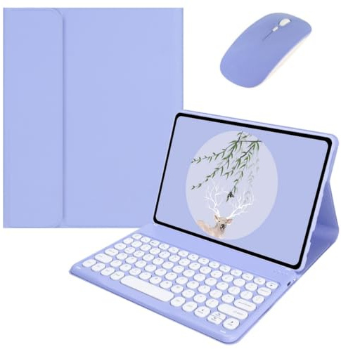 Funda de teclado para Galaxy Tab A7 Lite de 8.7 pulgadas con teclado y mouse Bluetooth, funda de teclado desmontable de color caramelo con tecla redonda, color morado