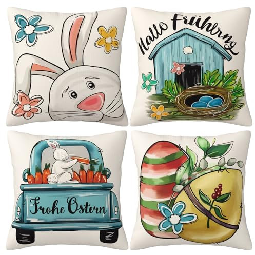 PAIVSUN Frohe Ostern Kissenbezug 40x40cm 4er Set, Dekorativ Kissenbezüge Hase Osterei Kissenhülle Ostern, Hallo Frühling Zierkissenbezug Couch Wohnzimmer Deko