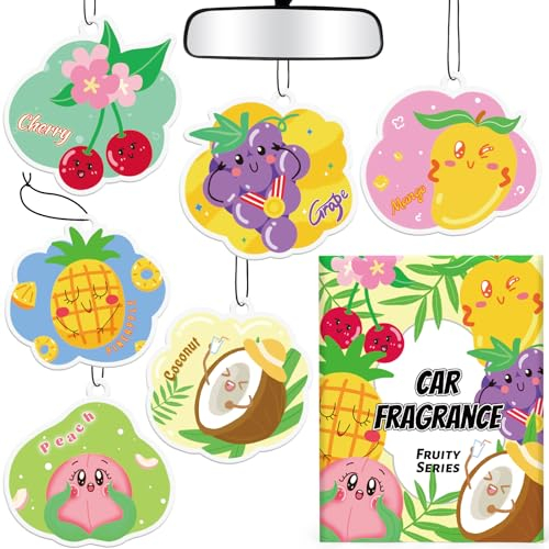 Scent-Hi Duftbaum Auto, 6 Stück Auto Lufterfrischer, Rückspiegel Auto Lufterfrischer, Geschenke für Frauen Männer, Kokosnuss, Traube, Mango, Kirsche, Pfirsich, Ananas
