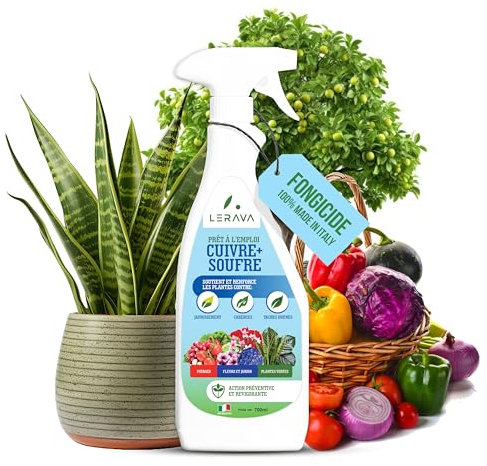 LERAVA Rame e Zolfo Spray (4x700ml) - Fungicida rameico naturale per piante contro Oidio, Peronospora e macchie brune -Concime con rame, ferro, Manganese e zinco - Ideale per orto, frutteto e giardino